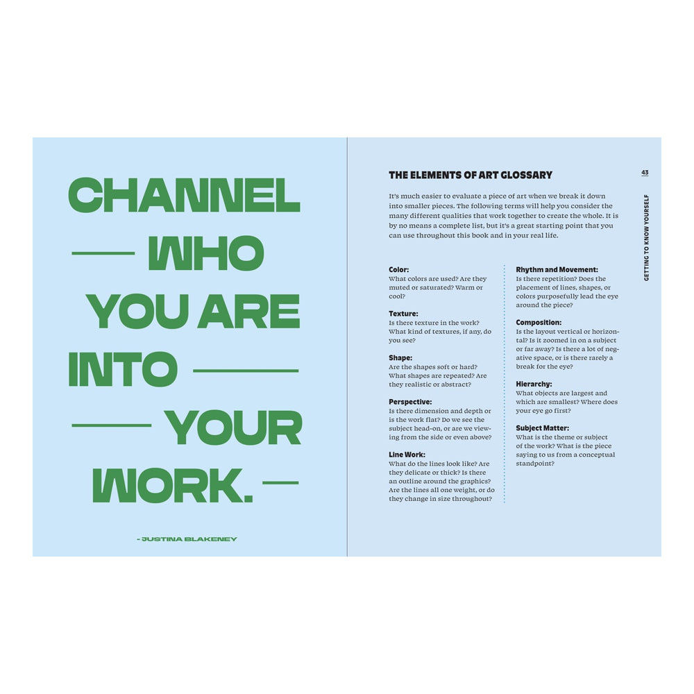 Open book with green text on a light blue background