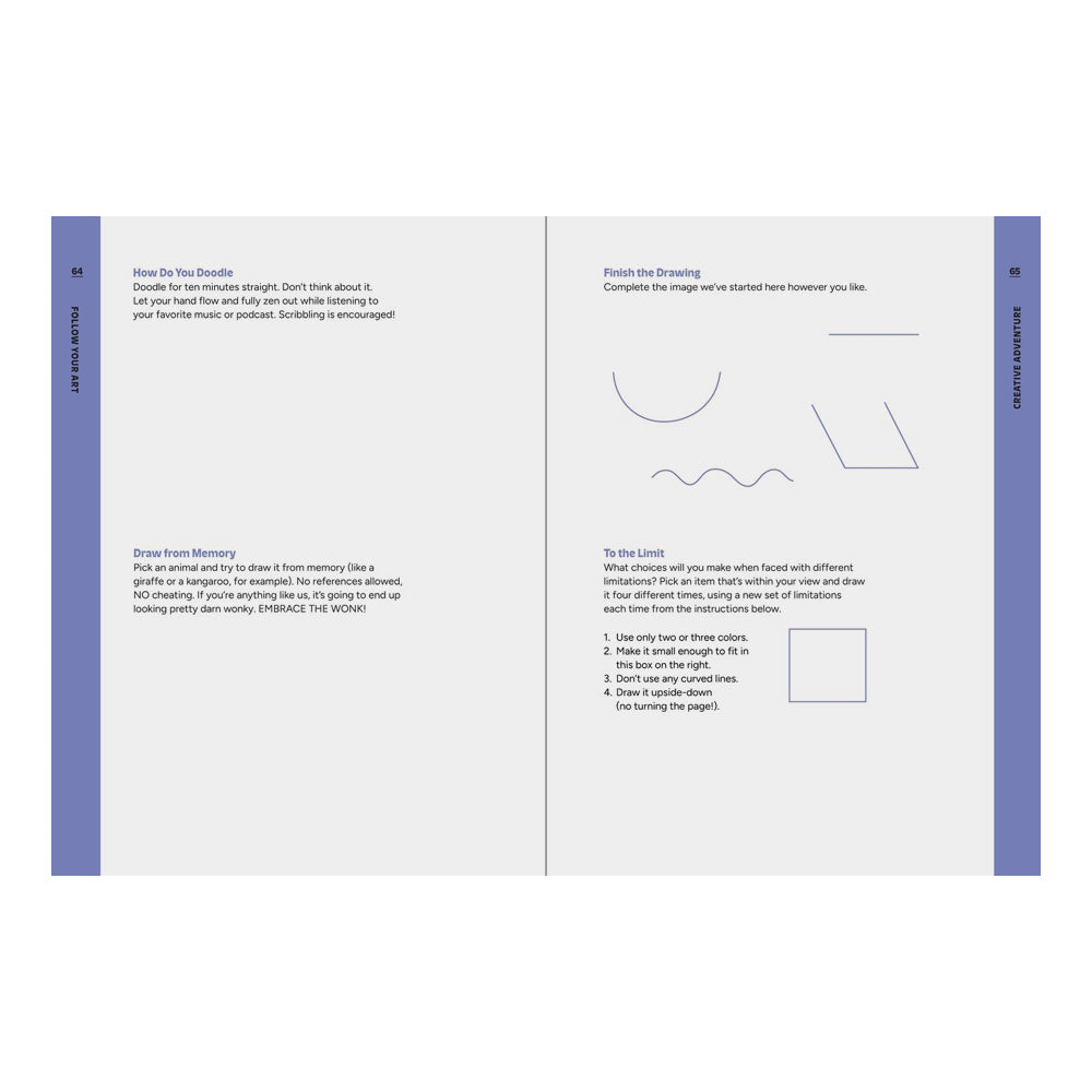 Open book with drawing prompts and guidelines on a white background