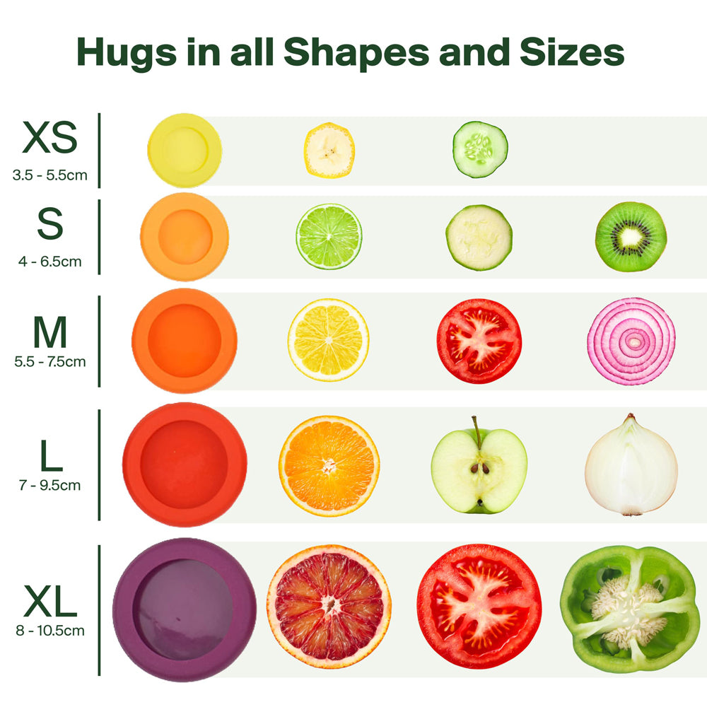Chart of huggers with fruit and veggies it can cover.