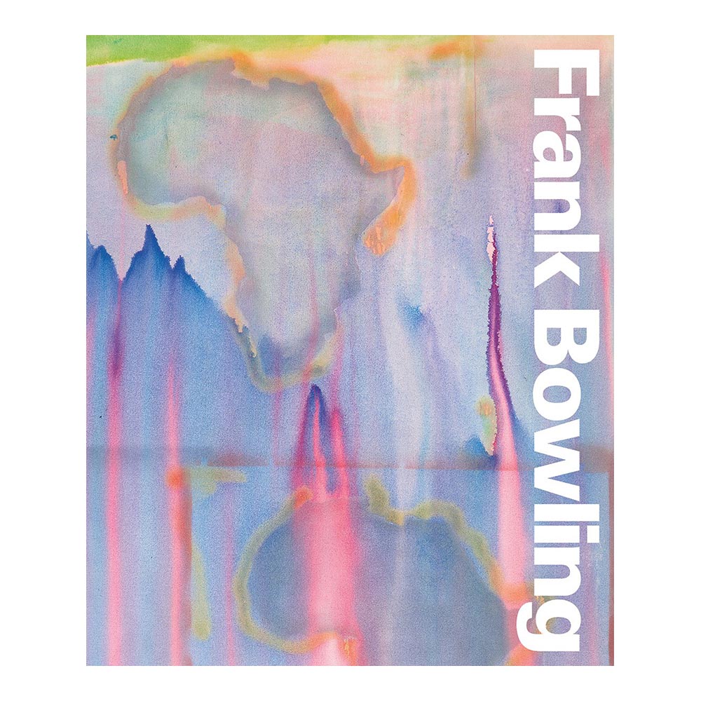 Cover of &#39;Frank Bowling&#39; with paint wash on canvas depicting the outline of the African continent twice.