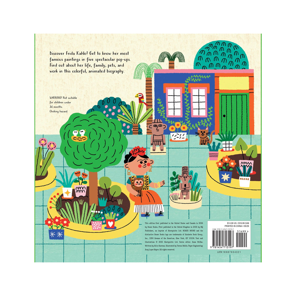 Front cover of a children's pop-up book titled 'Frida Kahlo' on a white background. The cover shows a colorful illustrated Frida Kahlo painting herself, with a green border and a red badge that says 'A POP-UP BOOK'.