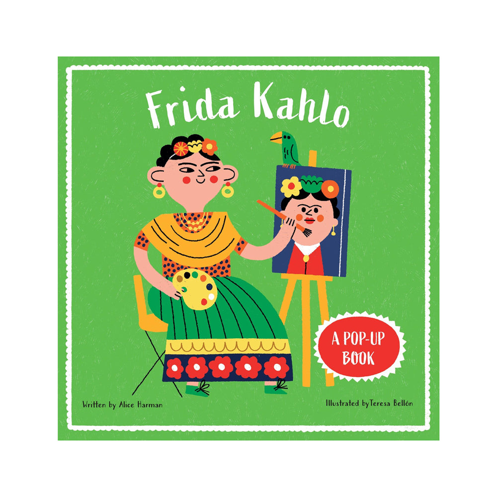 Front cover of a children's pop-up book titled 'Frida Kahlo' on a white background. The cover shows a colorful illustrated Frida Kahlo painting herself, with a green border and a red badge that says 'A POP-UP BOOK'.