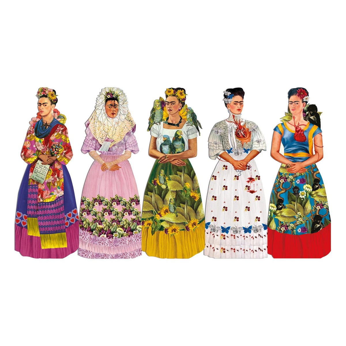 Five illustrated Frida bookmarks in colorful  dresses standing side by side on a plain white background.