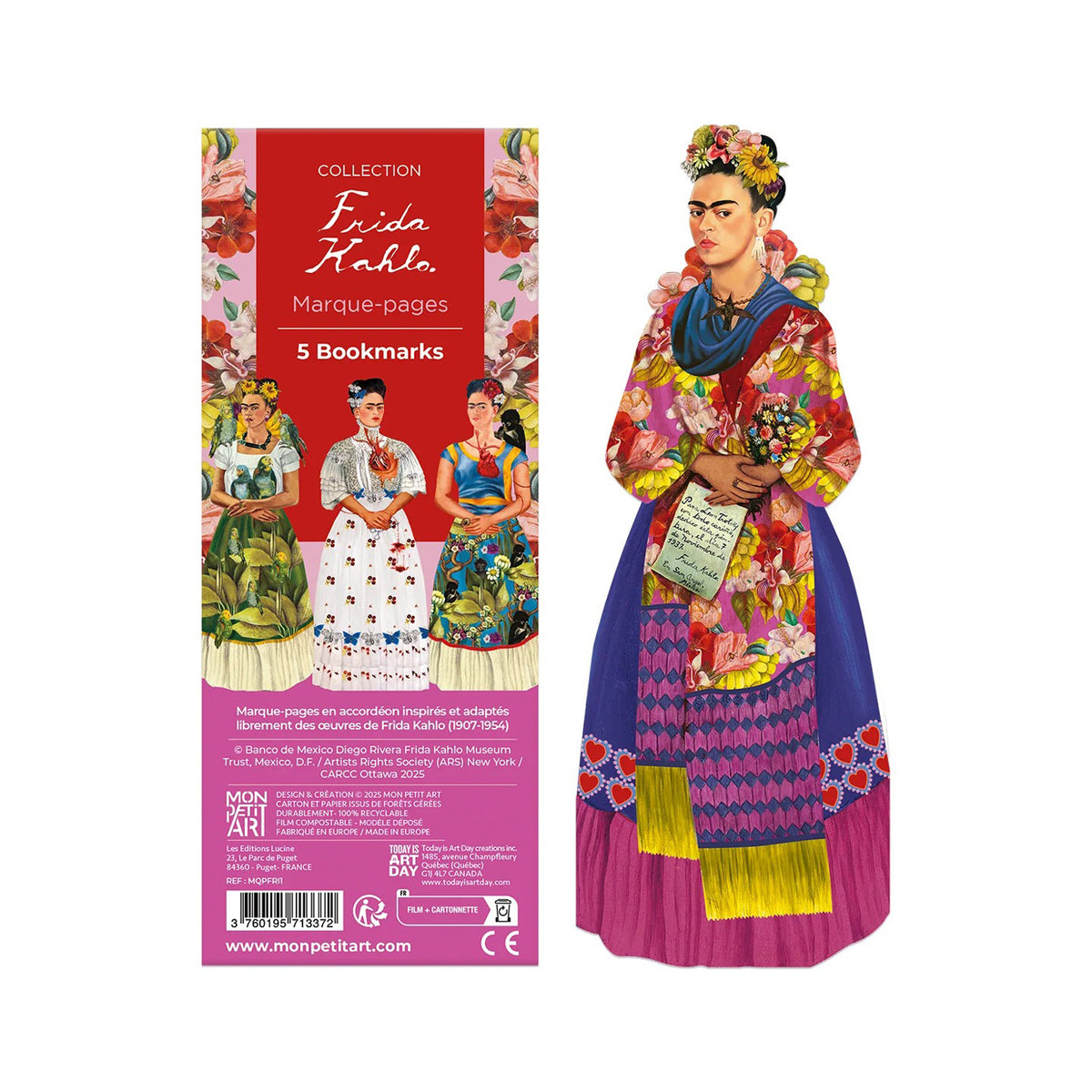 A printed package shown next to a stylized illustrated figure bookmark inspired by Frida Kahlo, on a plain white background. The packaging text reads 'Collection Frida Kahlo' and '5 Bookmarks.