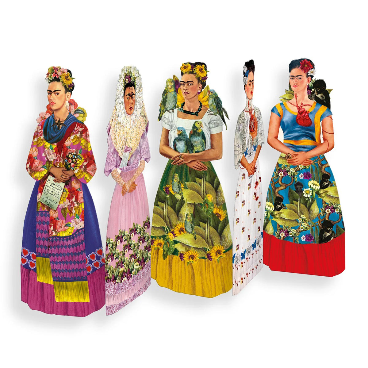 Five illustrated cutout figures of Frida Kahlo wearing colorful floral dresses, shown standing side by side on a plain white background.