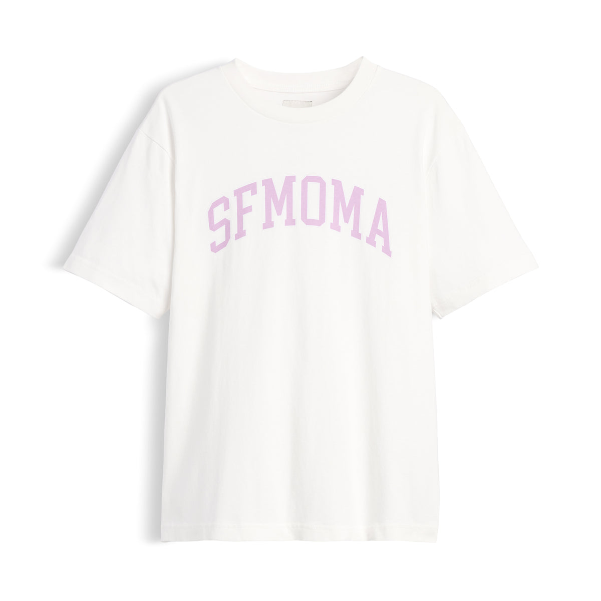 An off-white short-sleeve crewneck t-shirt featuring the word 'SFMOMA' printed in an arched, dusty pink collegiate-style font across the chest, displayed on a clean white background.