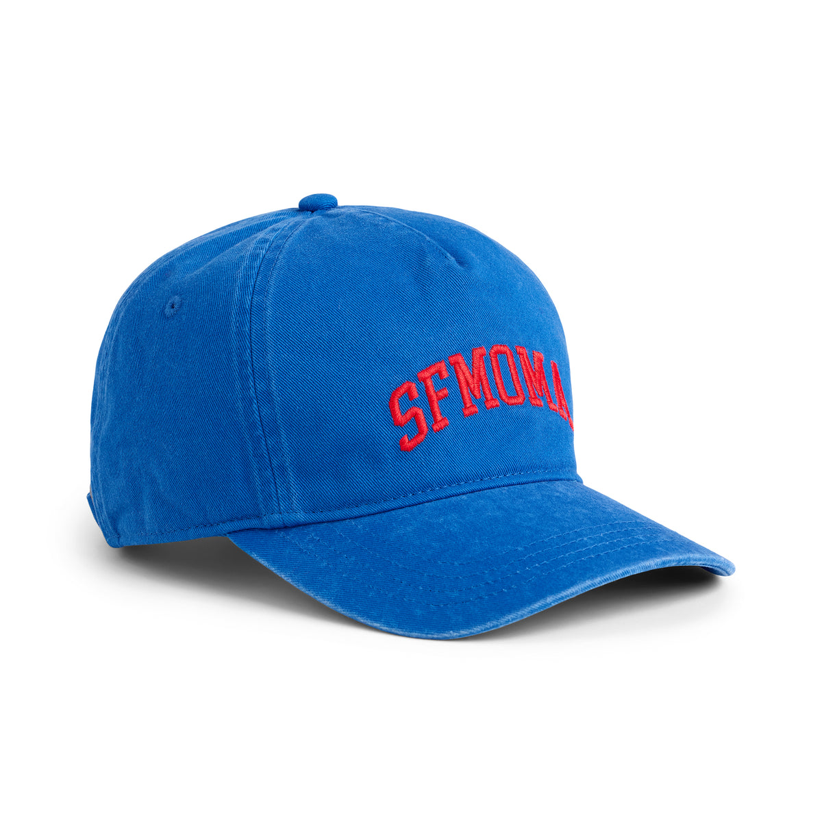 A blue baseball cap with 'SFMOMA' embroidered in red arched lettering on the front, shown on a clean white background.