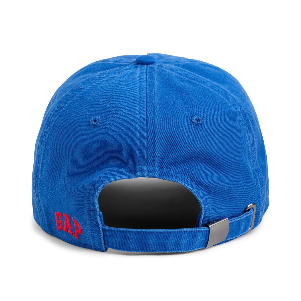A blue cotton baseball cap shown from the back, featuring a red embroidered 'GAP' logo on the side and a silver metal slider on the back strap, set against a plain white background.