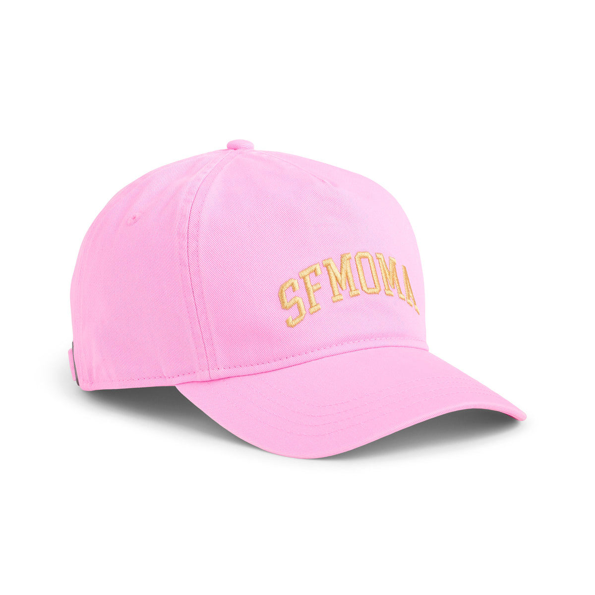 A pink baseball cap with 'SFMOMA' embroidered in gold arched lettering on the front, shown on a clean white background.
