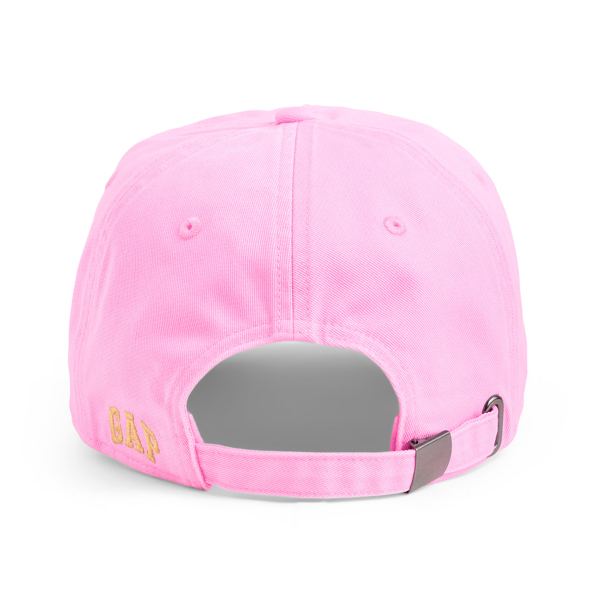 A pink baseball cap shown from the back, featuring a gold embroidered 'GAP' logo on the side and a silver metal buckle on the adjustable strap, set against a plain white background.