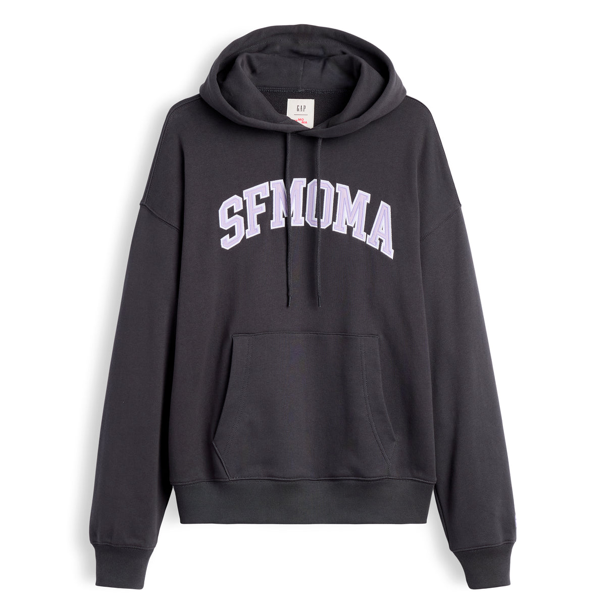 A dark charcoal gray pullover hoodie with 'SFMOMA' printed in white arched block letters across the chest, displayed on a clean white background.