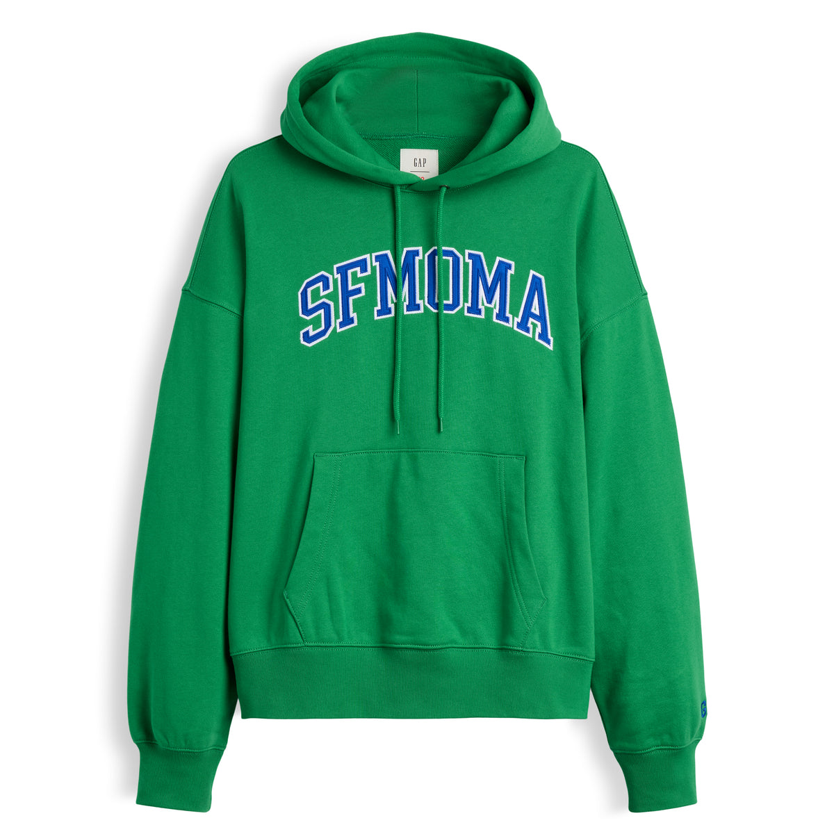 A bright green pullover hoodie with 'SFMOMA' printed in blue varsity-style lettering across the chest, shown against a plain white background.