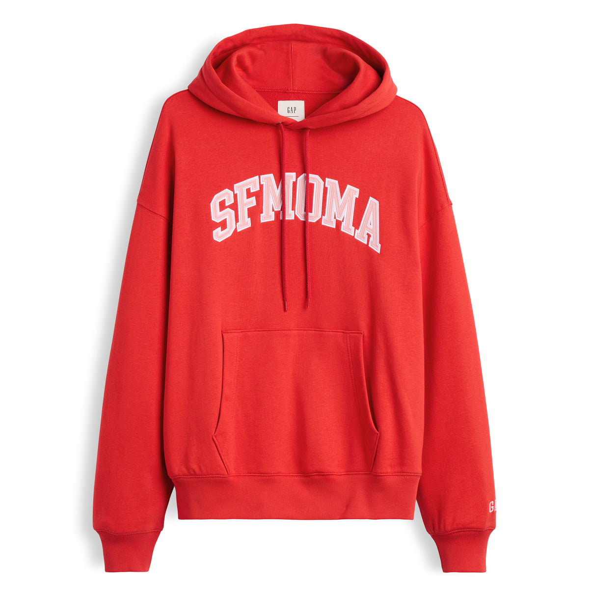 A red pullover hoodie with 'SFMOMA' printed in white arched block letters across the chest, featuring a front kangaroo pocket and drawstring hood, shown on a plain white background.