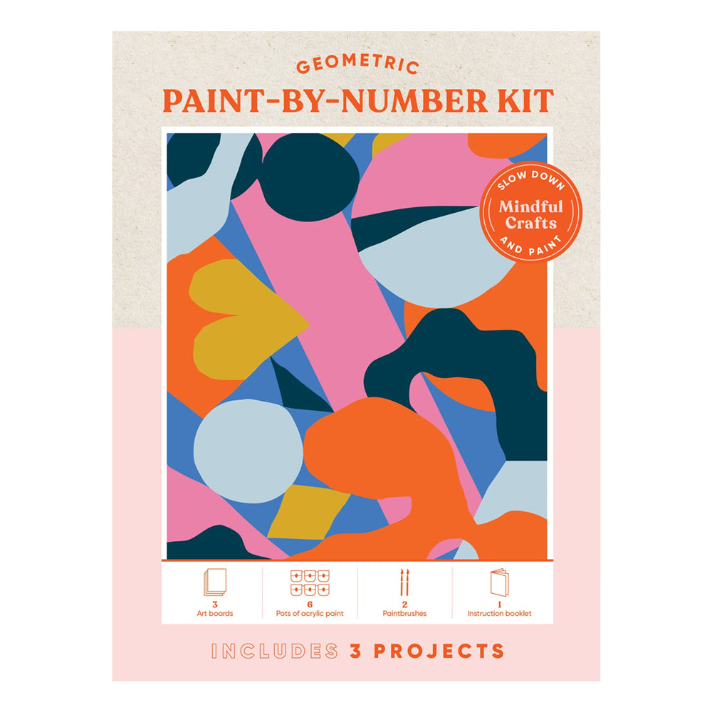 Geometric paint-by-number kit packaging with colorful abstract shapes on a white background