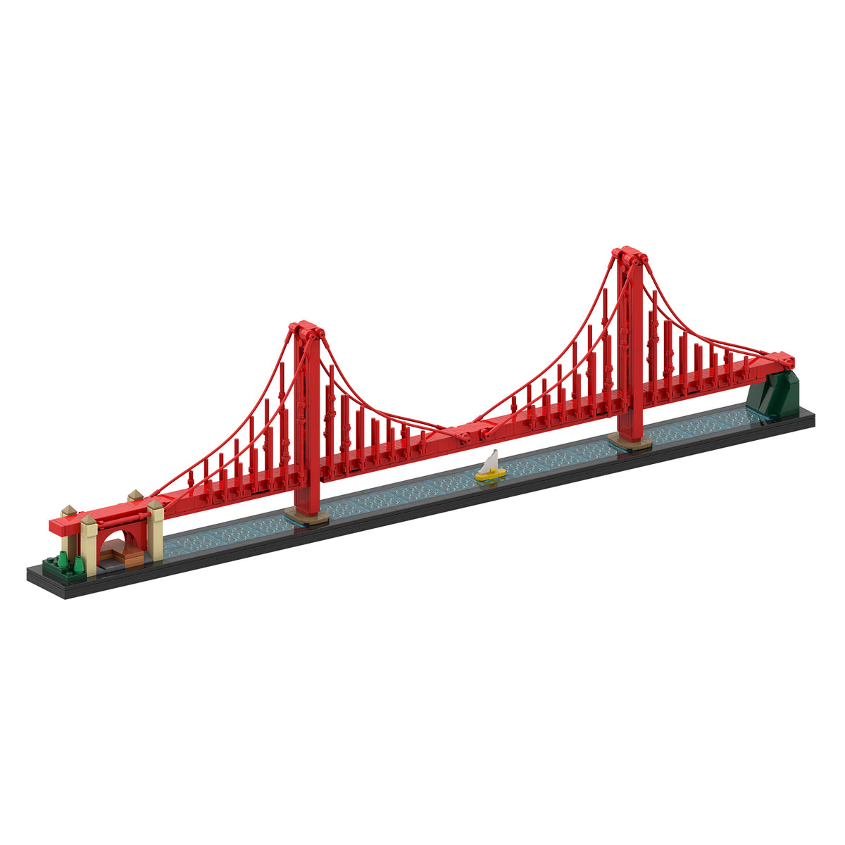 A miniature red suspension bridge model, resembling the Golden Gate Bridge, built from interlocking toy bricks on a black base with a gray roadway and small green and tan details, shown against a plain white background.