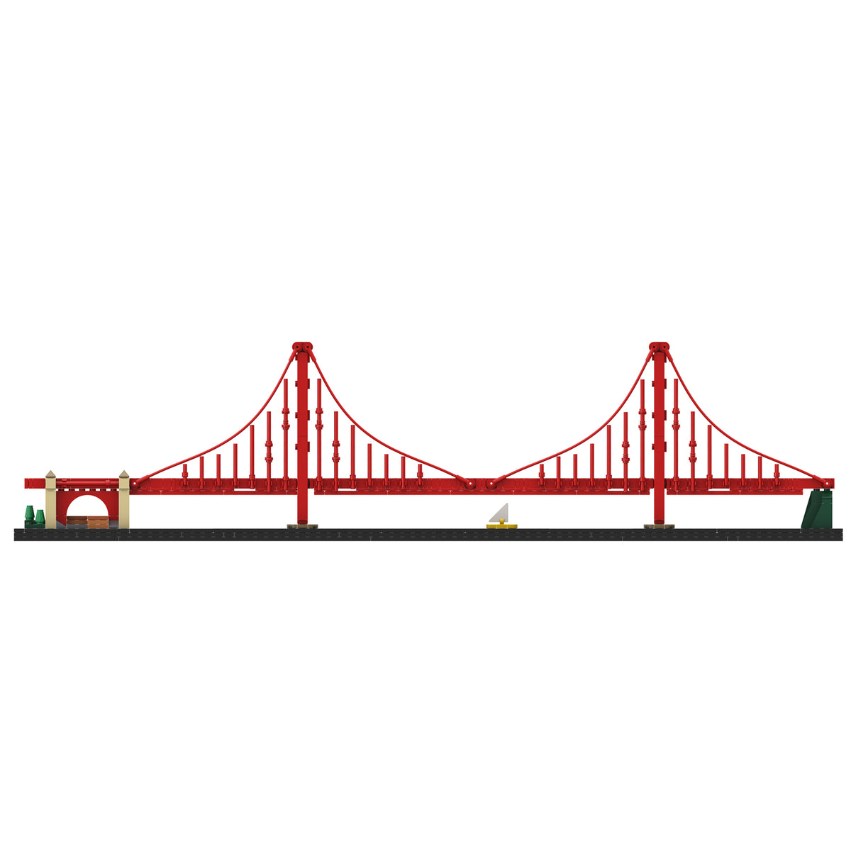 A miniature red suspension bridge model, resembling the Golden Gate Bridge, built from interlocking toy bricks on a black base with a gray roadway and small green and tan details, shown against a plain white background.