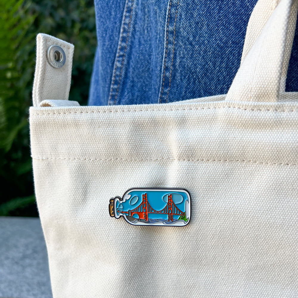 Pin on canvas tote.