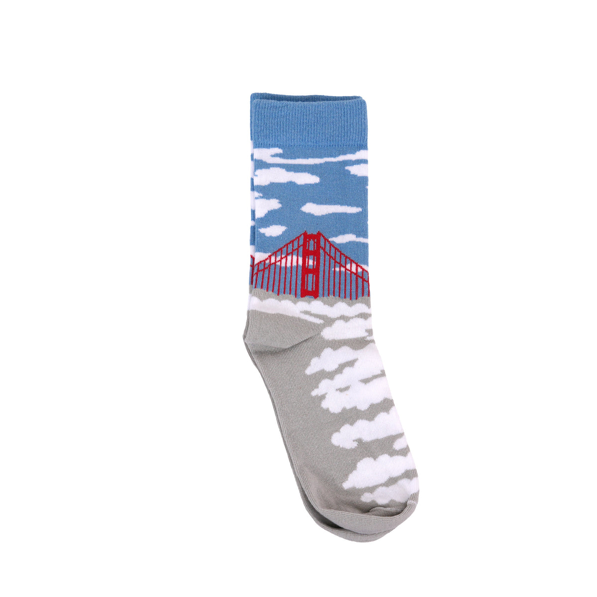 A single crew sock featuring a sky and clouds pattern with the Golden Gate Bridge in red on the upper leg and a gray foot, set against a plain white background.