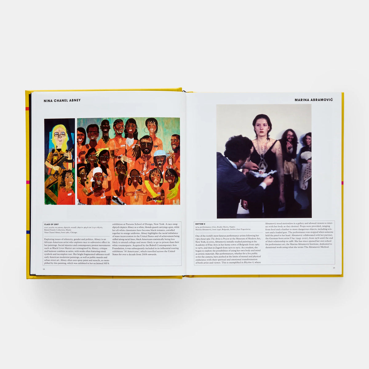 Open book showing pages with images and text on a white background