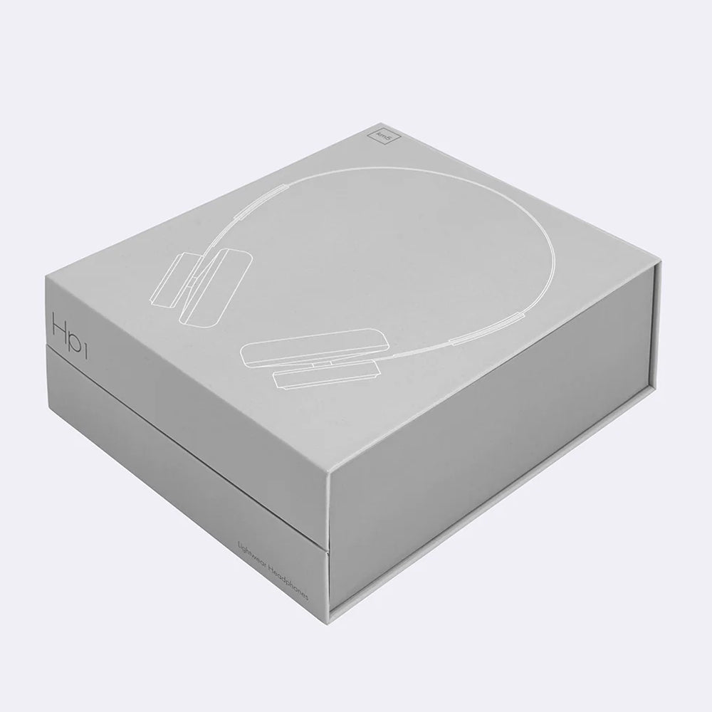 Gray box with headphones illustration and 'Hp1' branding on a light gray background