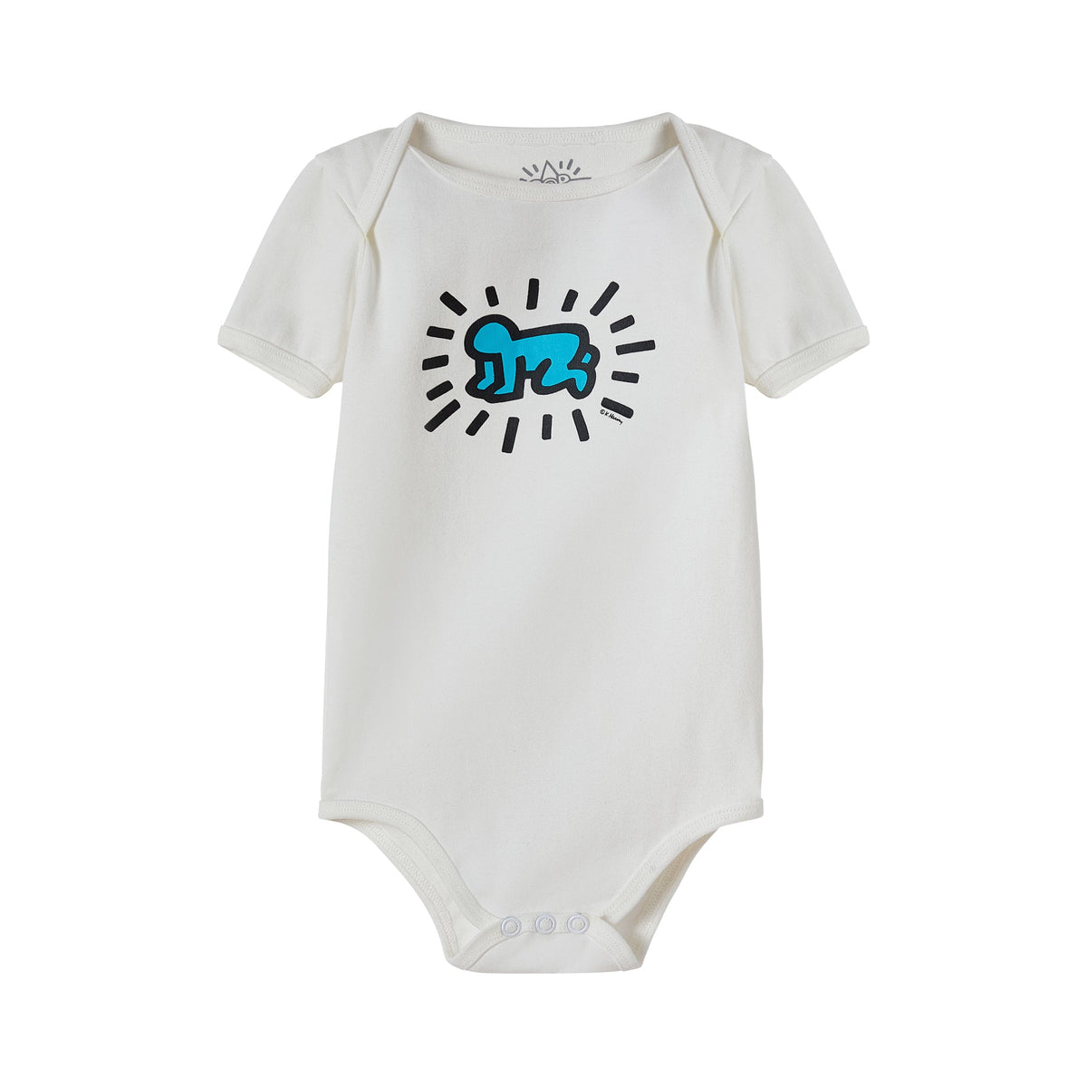 White baby onesie with a blue and black  baby design on a white background