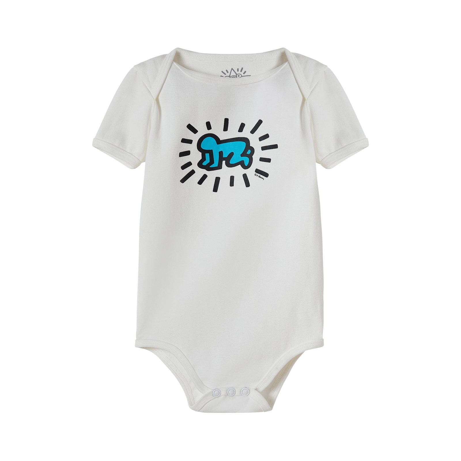White baby onesie with a blue and black  baby design on a white background