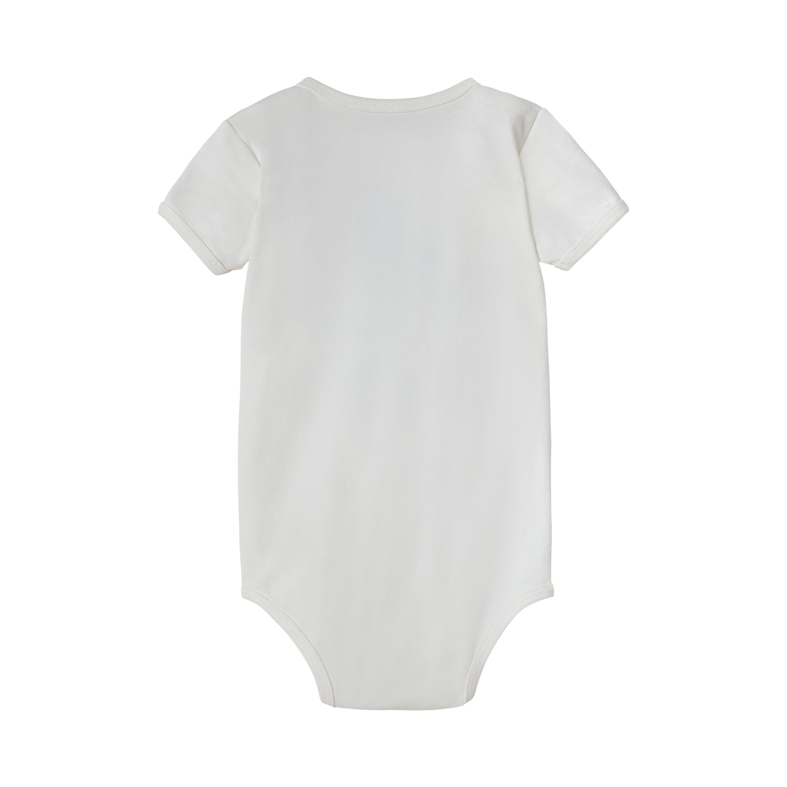 White baby onesie with a blue and black  baby design on a white background