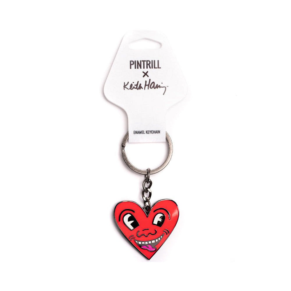 Haring Red Heart Face Keychain with label.