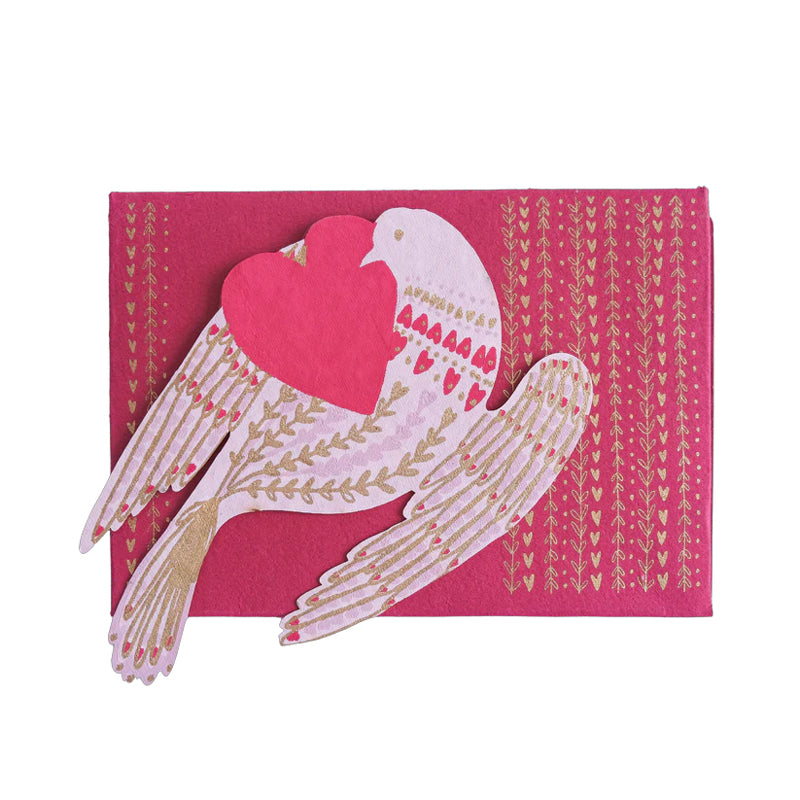 Pink envelope card with bird holding a heart on a white background