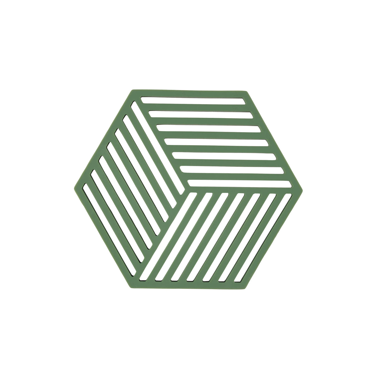 A green trivet with a 3D cube-like striped pattern, shown on a plain white background.
