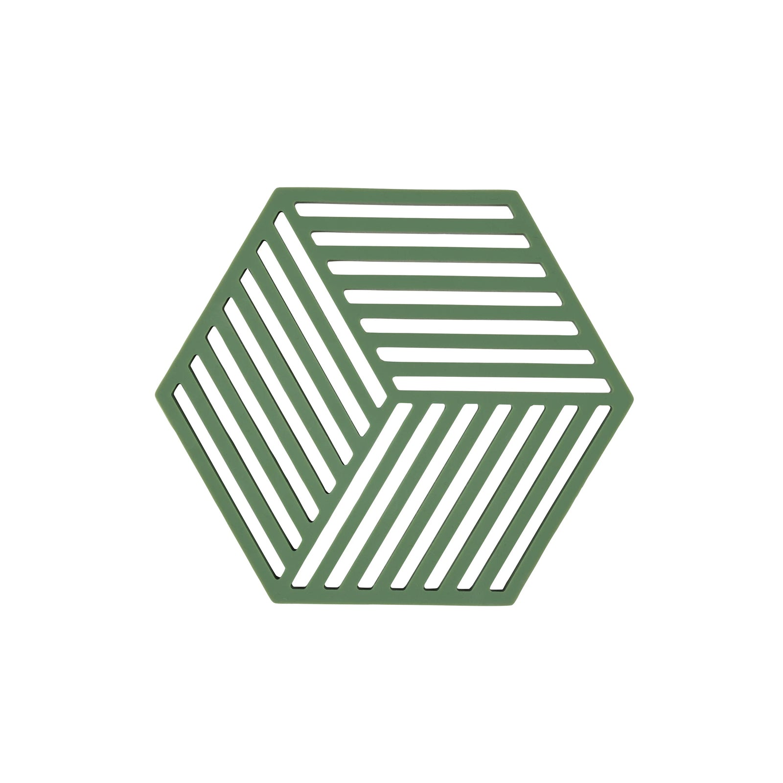A green trivet with a 3D cube-like striped pattern, shown on a plain white background.