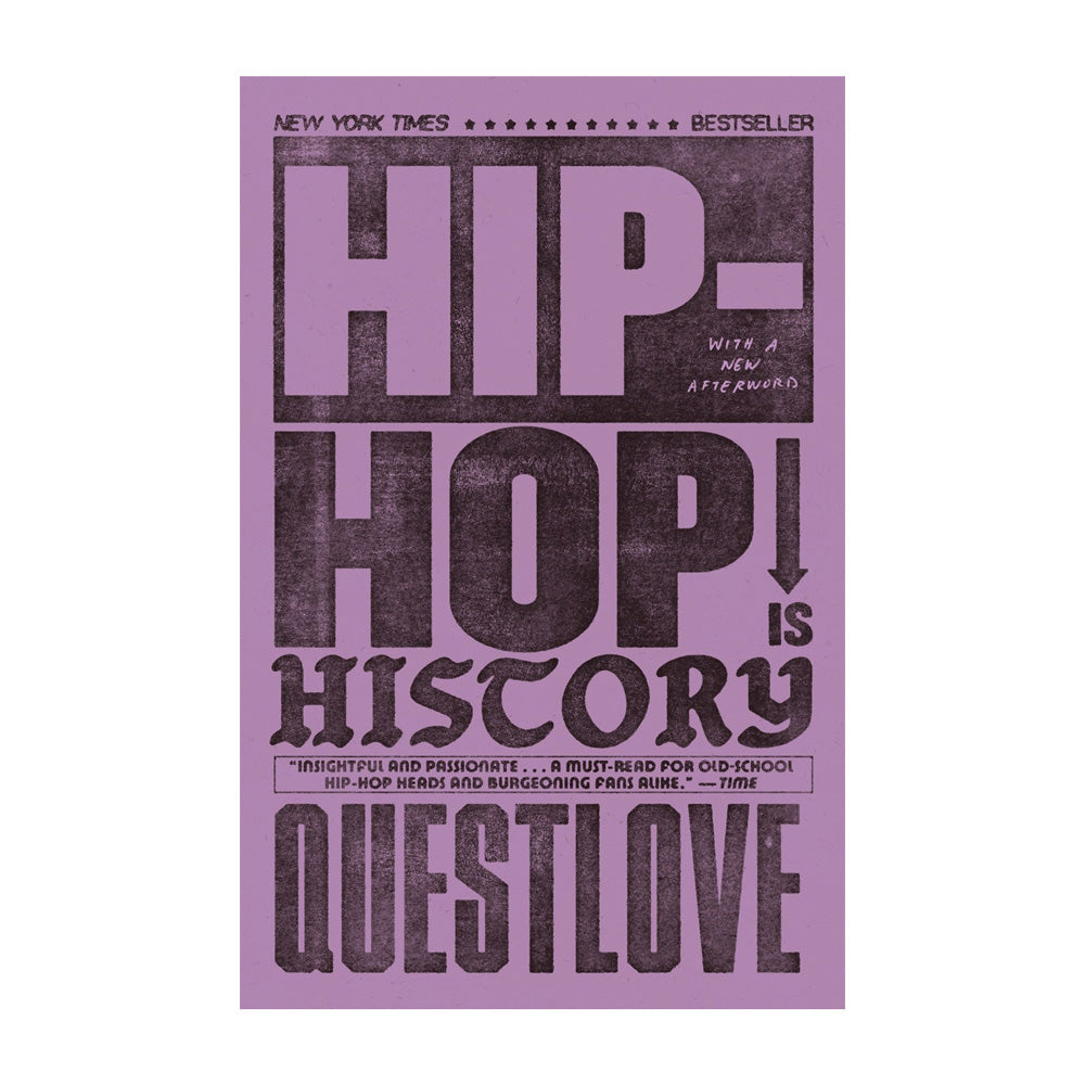 Book cover of 'Hip-Hop Is History' by Questlove with purple and black text on a white background.