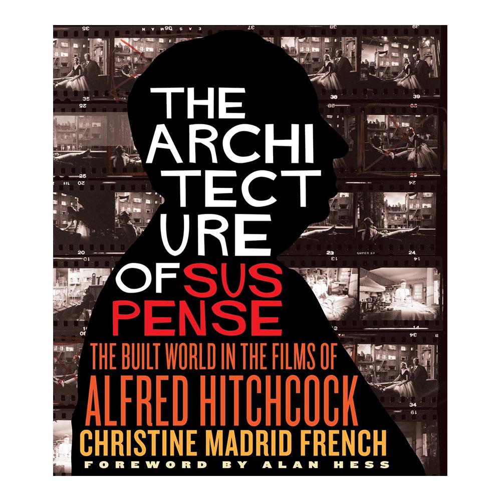 Cover of 'Architecture Of Suspense' with profile of Hitchcock with graphic white and color text.
