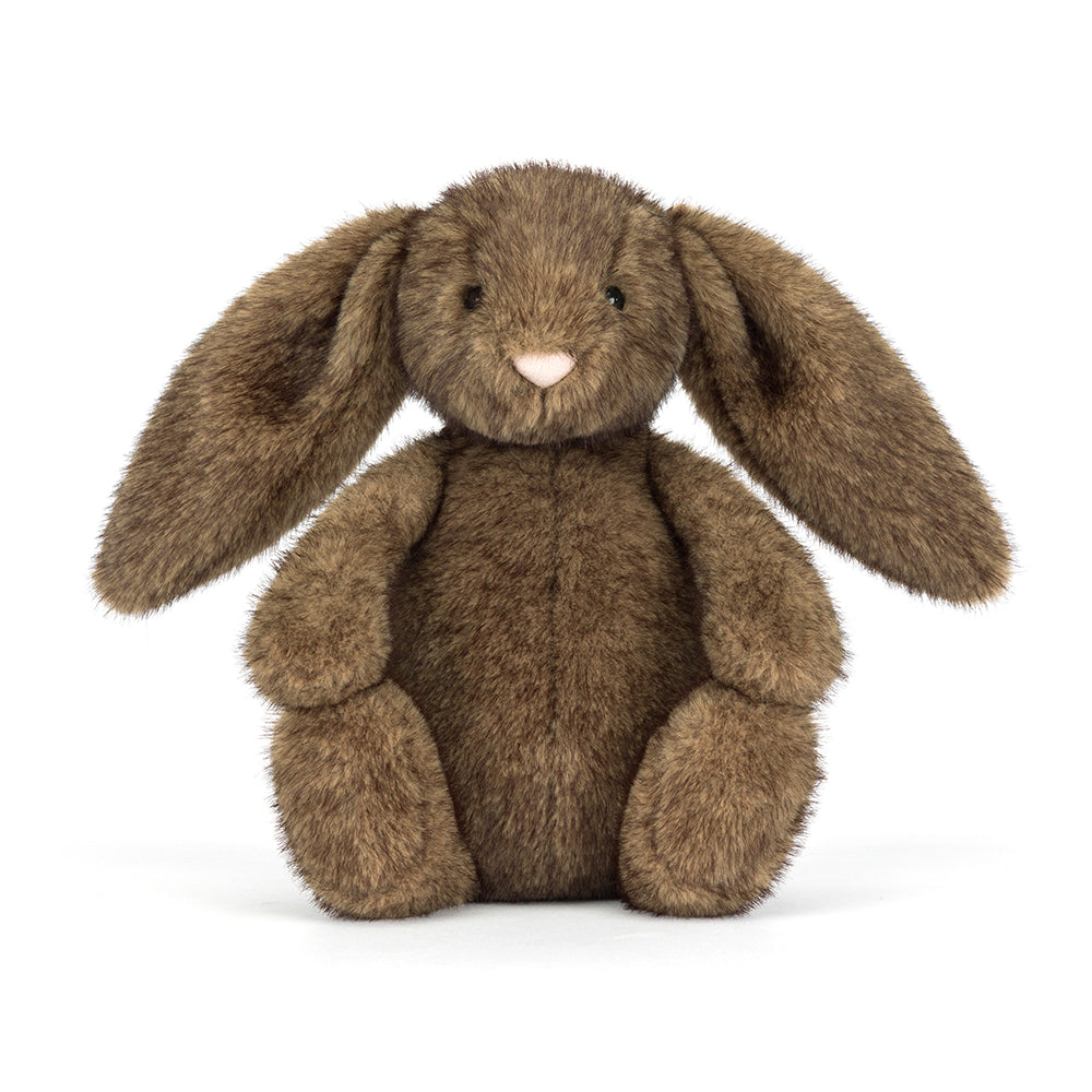 Brown plush bunny toy on a white background
