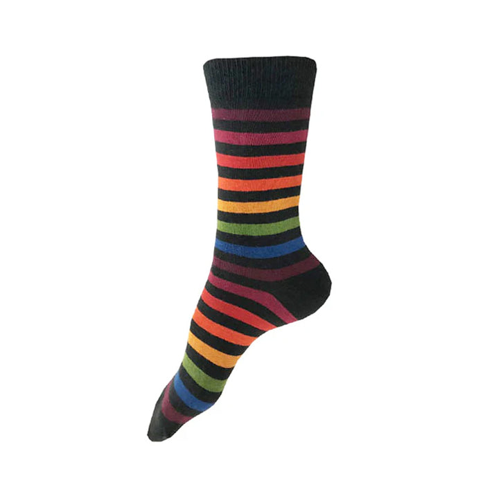 A single crew sock with horizontal rainbow stripes on a black base, shown against a plain white background.