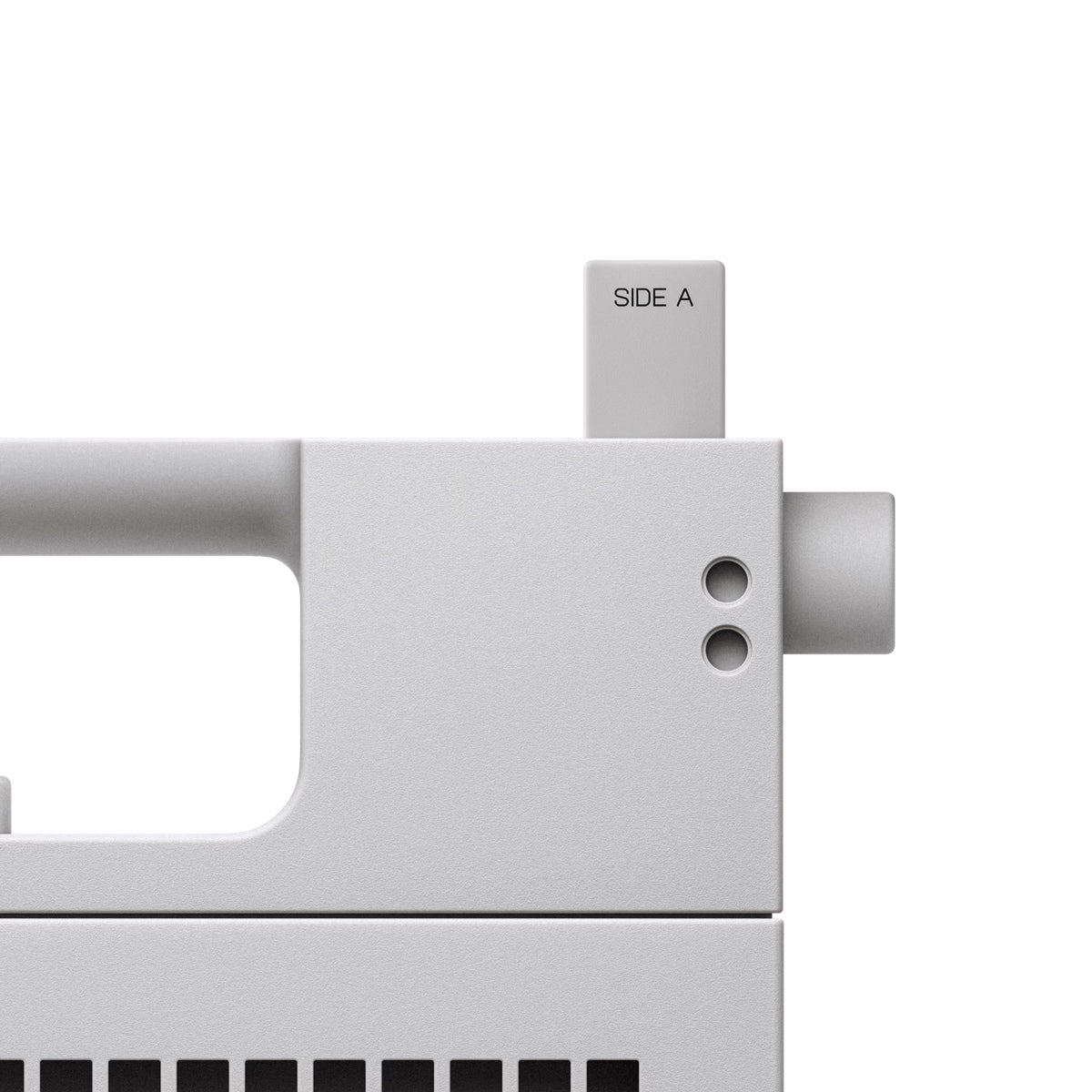 Close-up of a light gray metallic device component with a small tab labeled SIDE A and two circular holes, shown on a white background.