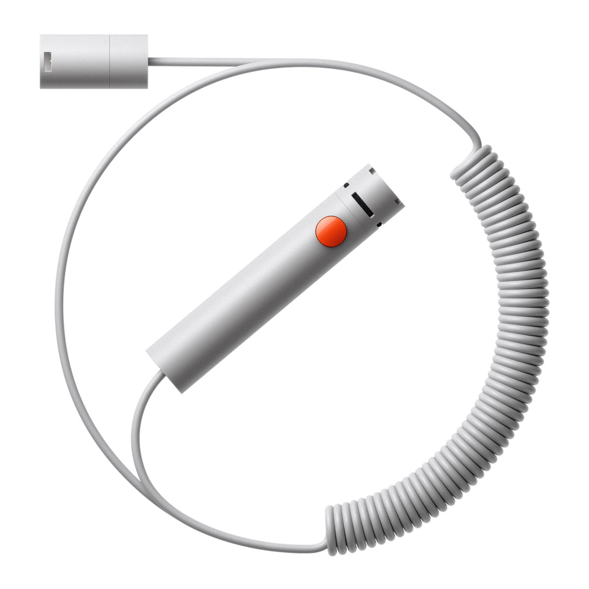 A white coiled cord microphone with a cylindrical control module featuring a prominent orange-red button, shown on a plain white background.