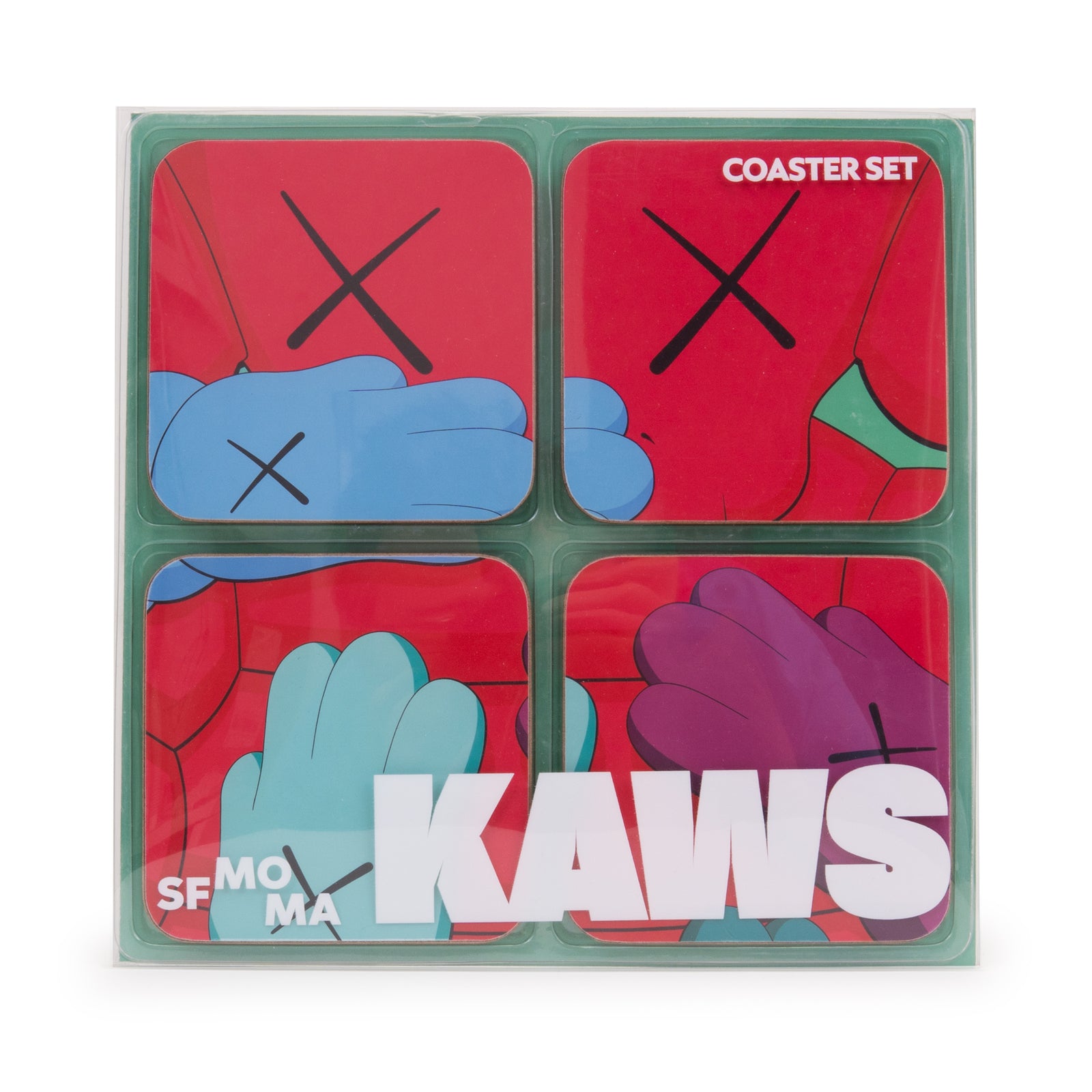 Kaws coaster set packaging with colorful design and text