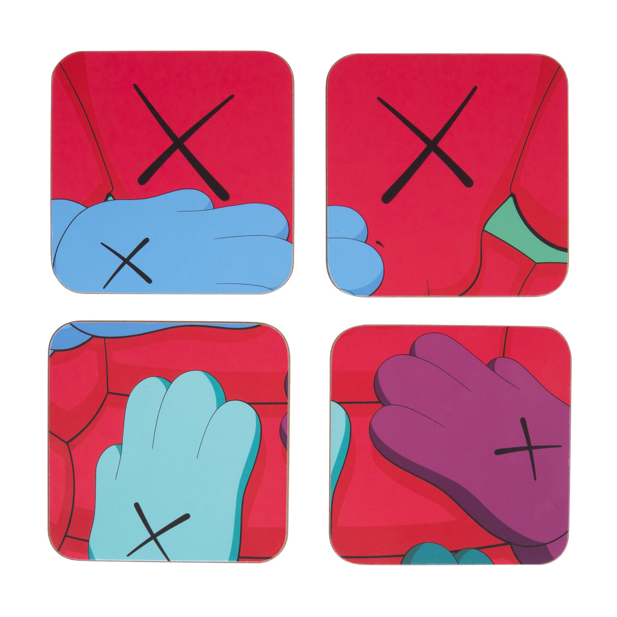 Four square coasters with colorful gloves and 'X' marks on a red background