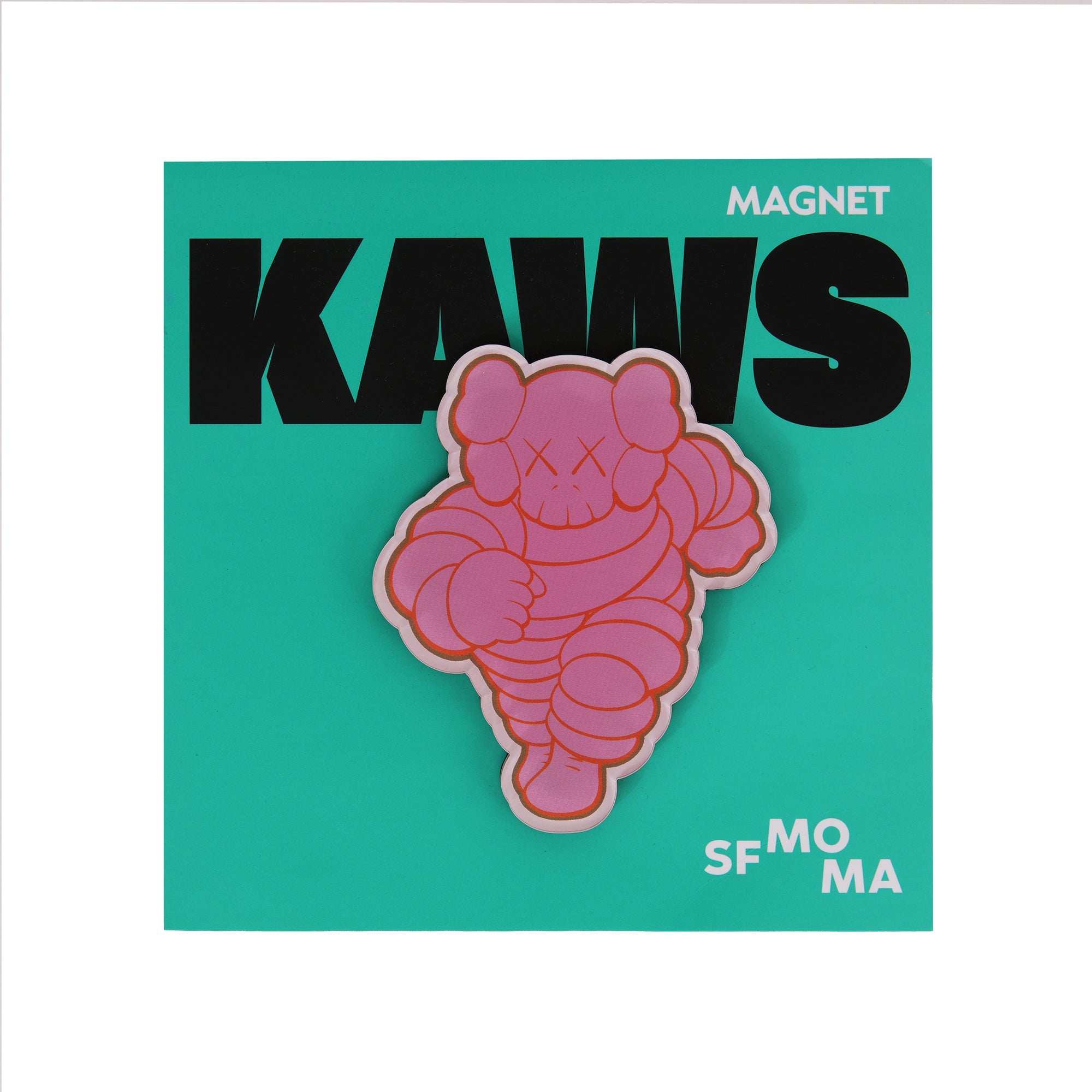Pink cartoon character magnet with 'Kaws' branding on a teal background