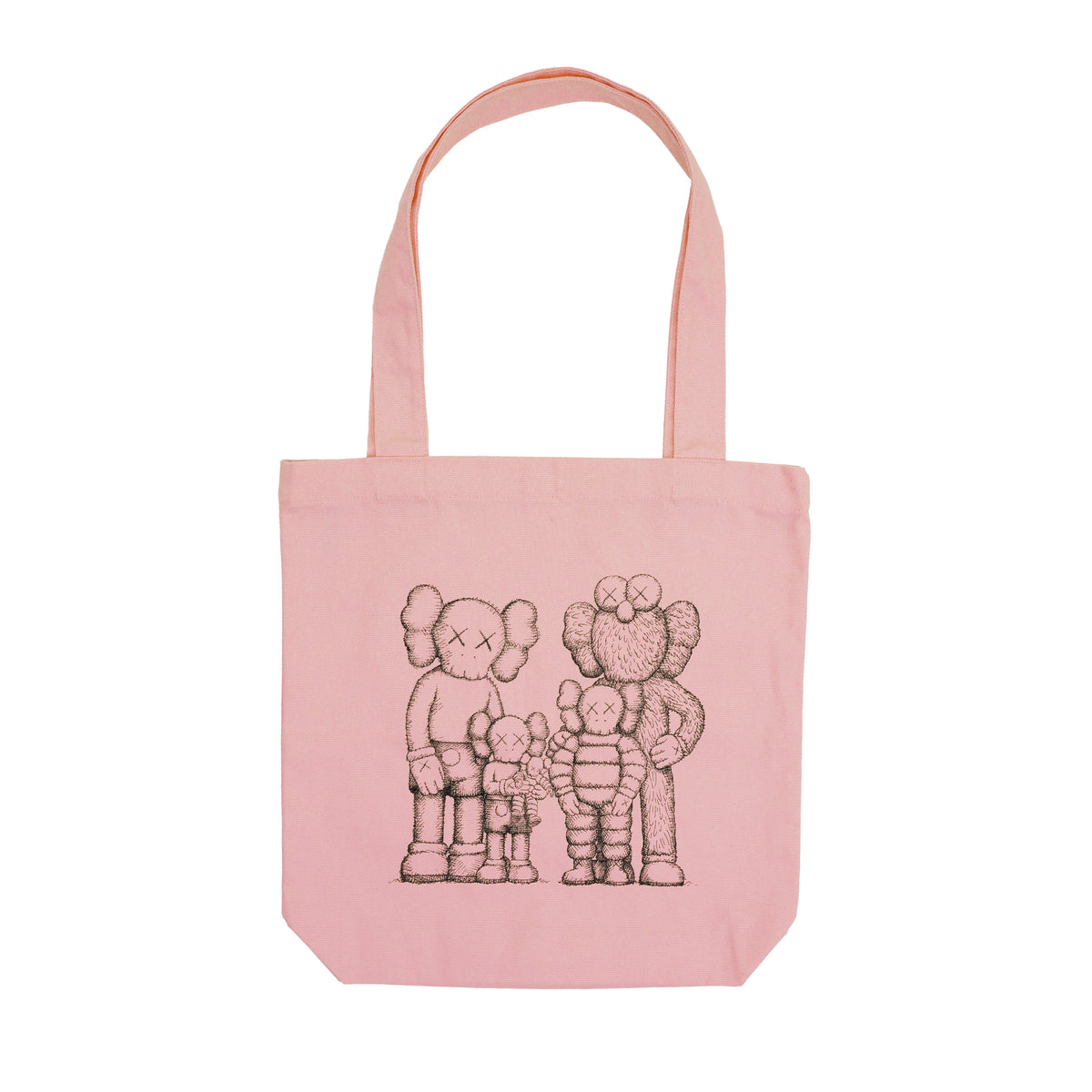 Pink tote bag with KAWS FAMILY design on a white background