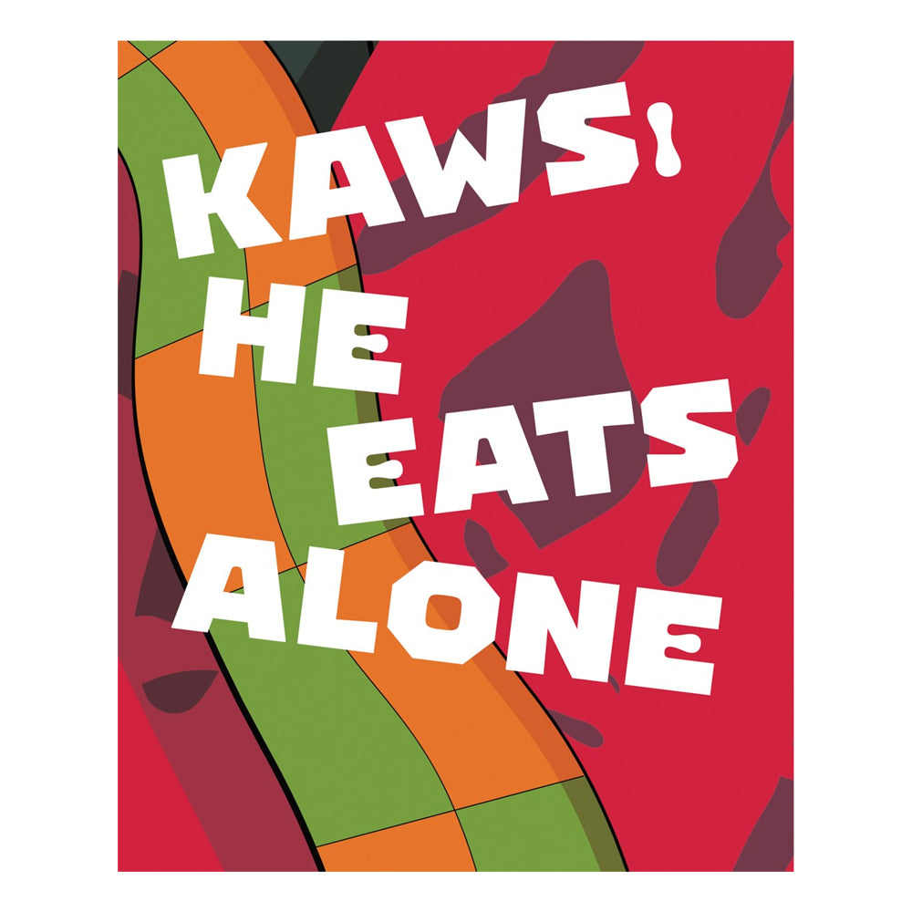 Book cover of 'KAWS! He Eats Alone' with colorful abstract design on a red background
