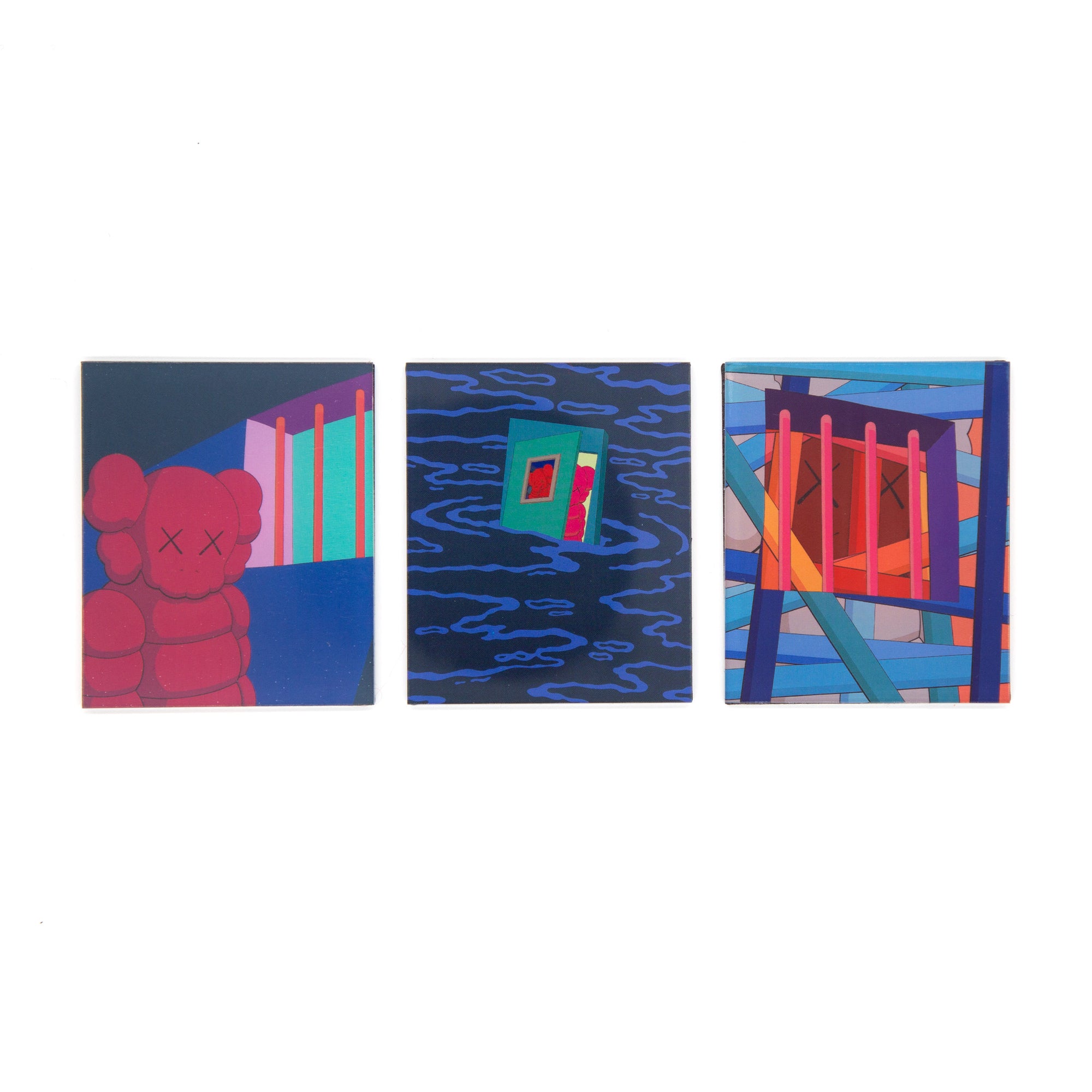 Three colorful abstract artworks on a white background