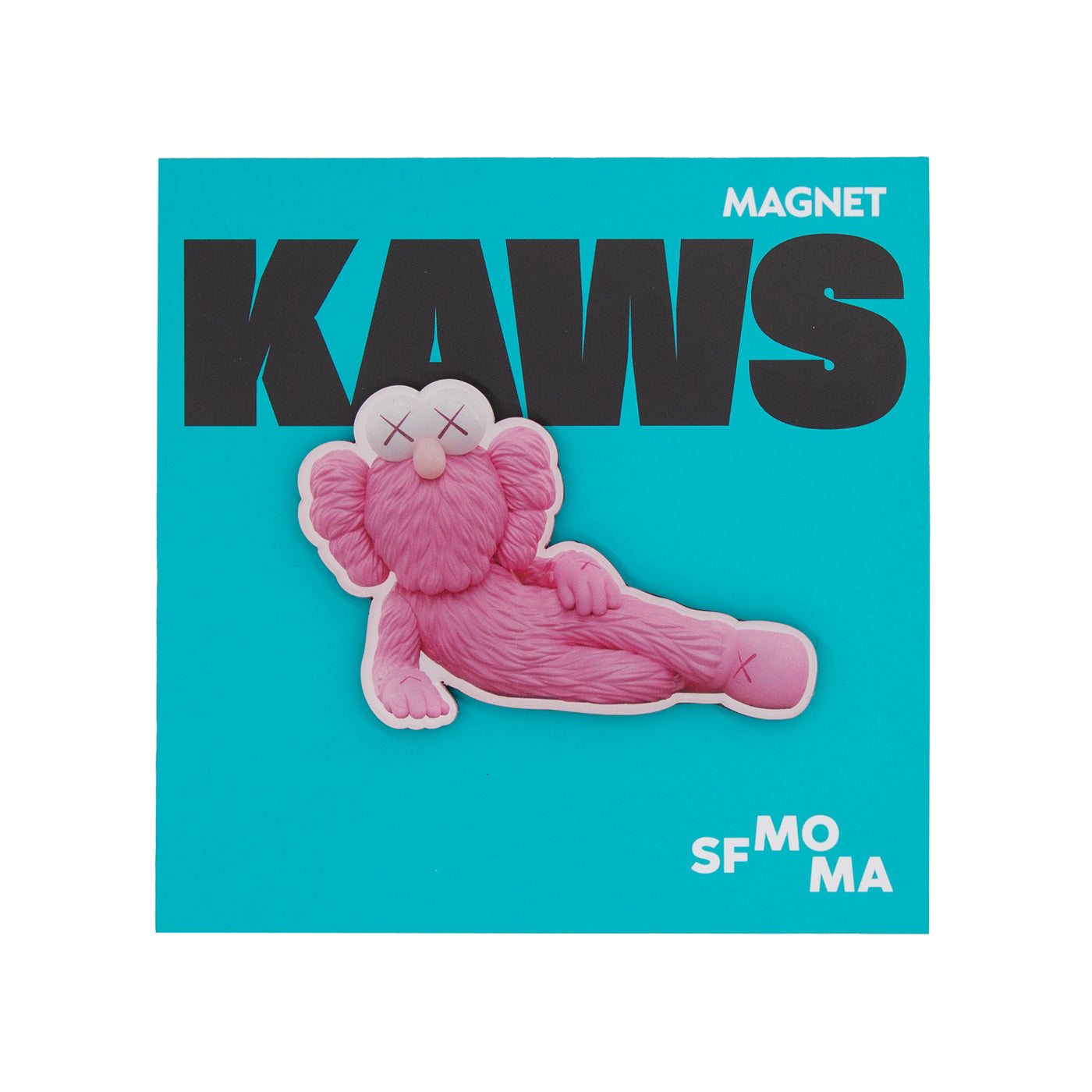 Pink cartoon character magnet with 'KAWS' branding on a blue background