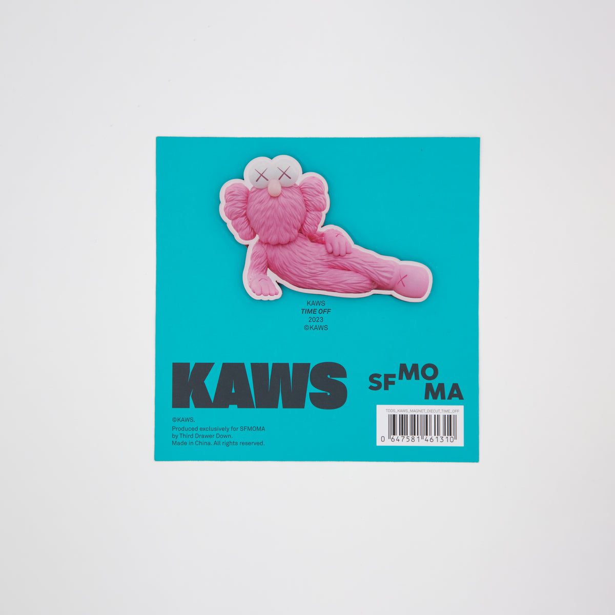 Pink cartoon character on a blue background with 'KAWS' branding