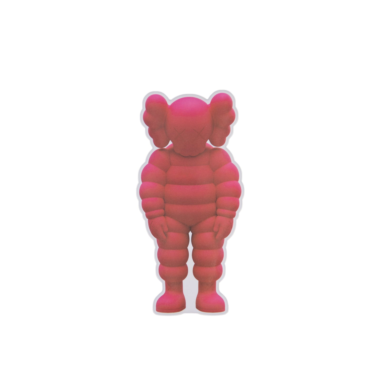 Pink puffy sticker of a character with 'KAWS' branding on a yellow background