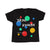 Front view t-shirt with colorful dots graphic.