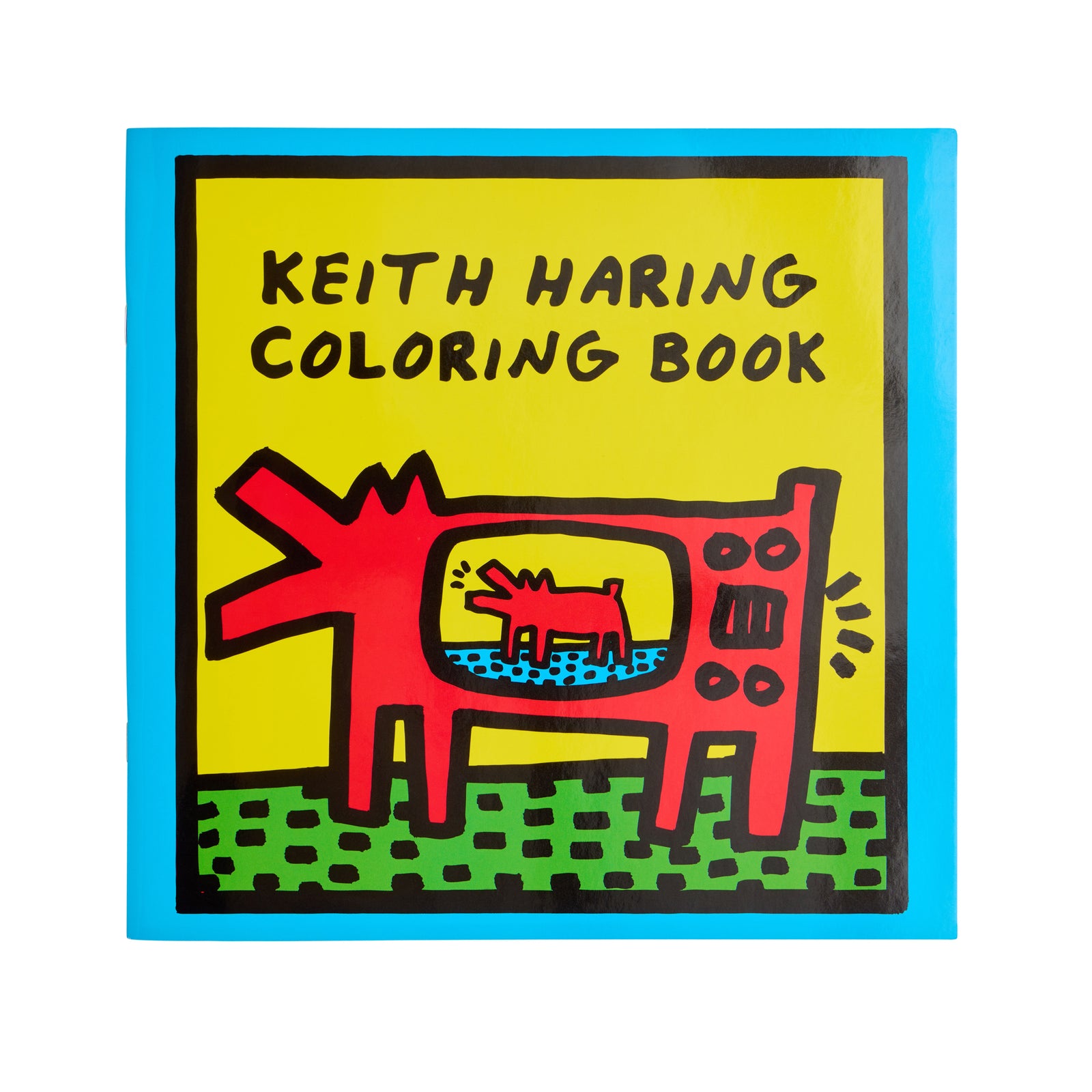 Keith Haring Coloring Book featuring a vibrant yellow cover with a red and green cartoon illustration and black text, framed by a bright blue border.
