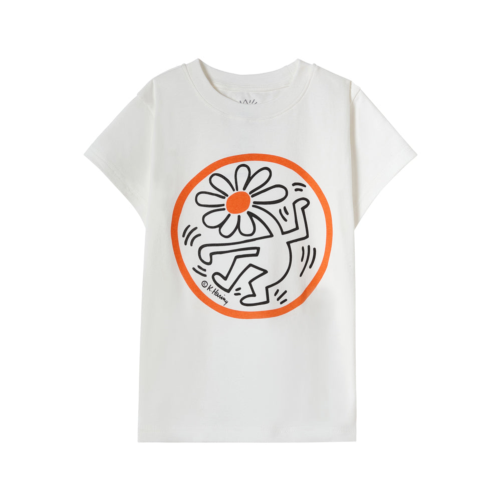 White t-shirt with a graphic design featuring a flower and abstract figure on a white background