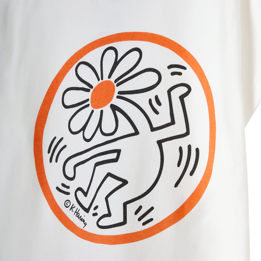 Keith Haring-style artwork with a flower and abstract figure on a white background